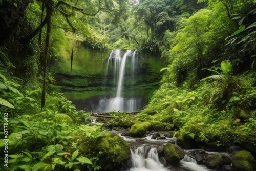 A picturesque waterfall surrounded by lush greenery in a serene forest setting