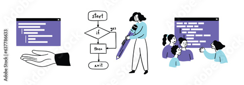 Cartoon Color Web Development Concept Scenes Set Flat Design Style. Vector illustration of Character Girl Taking part in Packend and Frontend Development