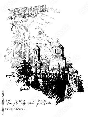 Mtatsminda Pantheon of famous artists and national heroes, Tbilisi, Georgia. Black Line drawing isolated on white background. EPS10 vector illustration