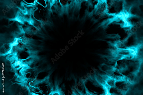 Shockwave explosion. Light blue smoke effect on black background. Glowing neon blue ink splash. Vibrant technology wallpaper. Dark futuristic backdrop, banner. Bright cyan blue burst texture as frame