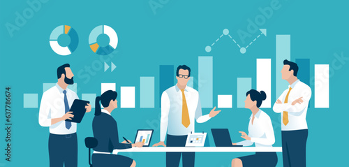 Team and business chart. The team discusses stock market developments. Vector illustration.