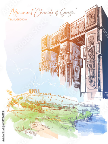 Chronicle of Georgia monument , Tbilisi sea, Georgia. Line drawing watercolour painted and isolated on white background. EPS10 vector illustration