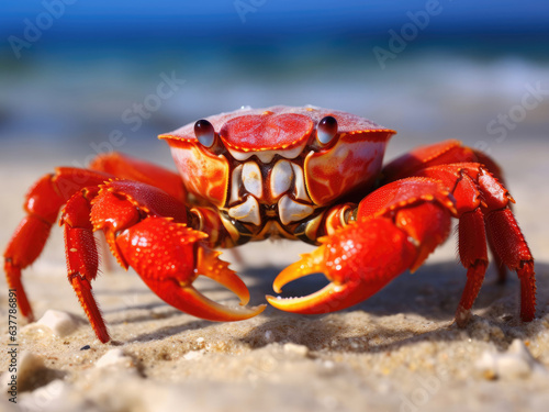 The big red crab sitting on the sand on the ocean shore