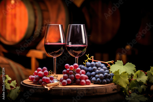 Wine Cellar Elegance Red Wine Glasses  Bottle  Grapes  and Wooden Barrel in Panoramic View with Ample Copy Space. created with Generative AI
