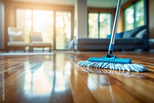 Efficient Parquet Floor Cleaning Mopping with Cleanser Foam and Essential Cleaning Tools. created with Generative AI