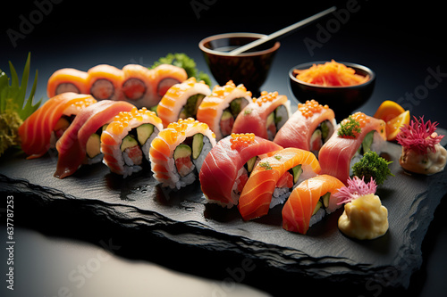 Exquisite Sushi Delight Sashimi and Sushi Rolls Served on a Stylish Stone Slate. created with Generative AI