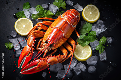 Exquisite Seafood Delicacy Whole Red Lobster with Ice and Lemon on Dark Background, Top View. created with Generative AI