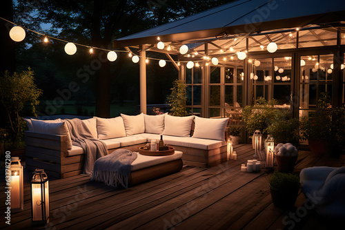 Idyllic Summer Evening Patio Bliss in the Garden of a Stunning Suburban House Adorned with Sparkling Lights.. created with Generative AI