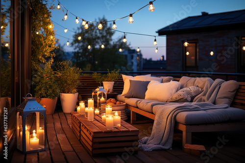 Autumn Evening Charm Cozy Outdoor Terrace with Enchanting String Lights on the Roof of a Beautiful House. created with Generative AI