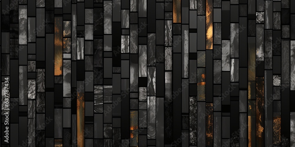 Seamless rich luxe black crystal gemstone contemporary patchwork pattern. Tileable marble agate, onyx, obsidian or tourmaline cross section mosaic bars background texture. 8k wallpaper, Generative AI - obrazy, fototapety, plakaty 