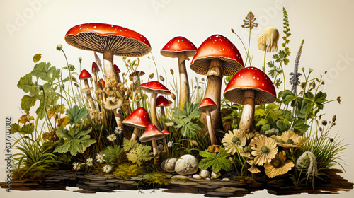 Image of group of mushrooms in field of flowers.
