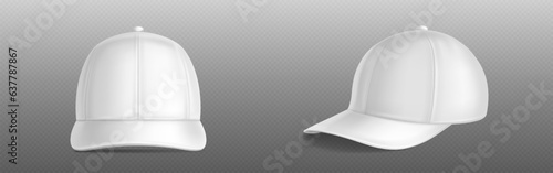 Isolated white blank baseball cap vector mockup template. Sport hat uniform front and side design mock up with visor. 3d realistic head wear fashion with ball empty apparel for advertisement identity