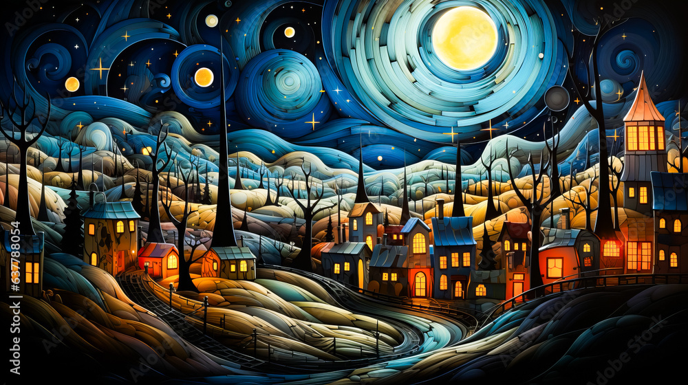 Image of night scene with houses and full moon.