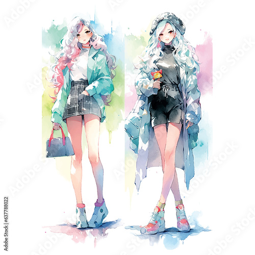 Cartoon anime fashion girl watercolor for lifestyle design.