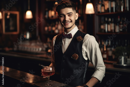 Friendly waiter serving drinks and smiling at the customers, ready to serve a cocktail. Generative AI