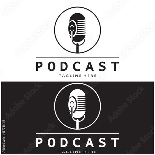 podcast logo with microphone and earphone audio, radio waves. for studio, talk show, chat, information sharing, interview, multimedia and web.