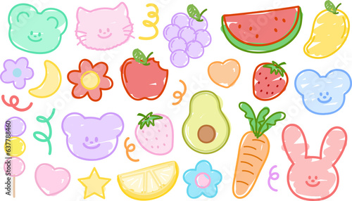 Doodle illustration of teddy bear, cat, rabbit, puppy, grape, watermelon, mango, strawberry, apple, lemon, avocado, carrot, flowers, moon, star, dango for cartoon character, animal, fruits, vegetables