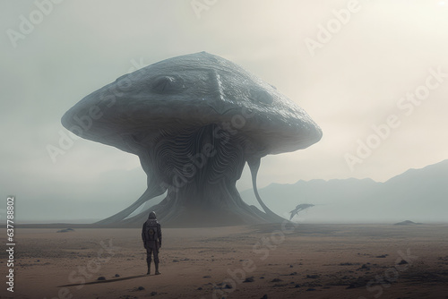 A person on the surface of a foreign planet