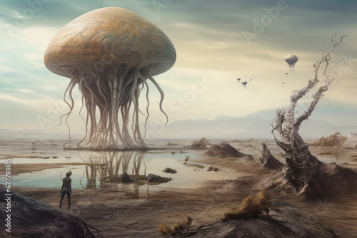 A person on the surface of a foreign planet