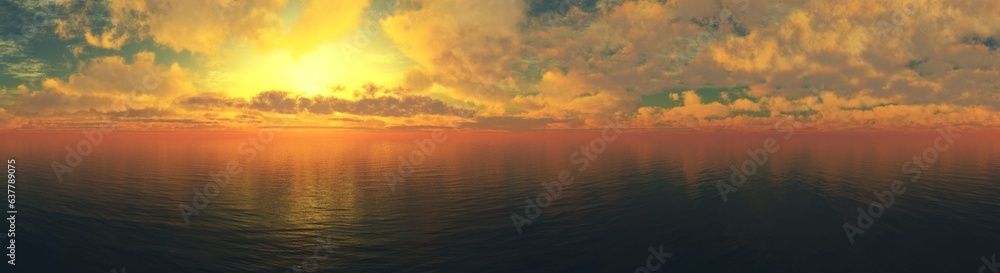 Panorama of sea sunset, ocean sunrise, seascape, 3d rendering
