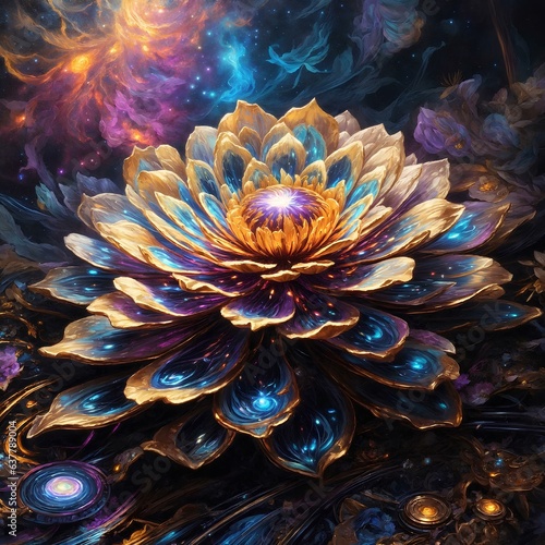 artwork of a rose with many petals, its color is yellow, and its center is blue, with a wonderful background with beautiful lights and colors