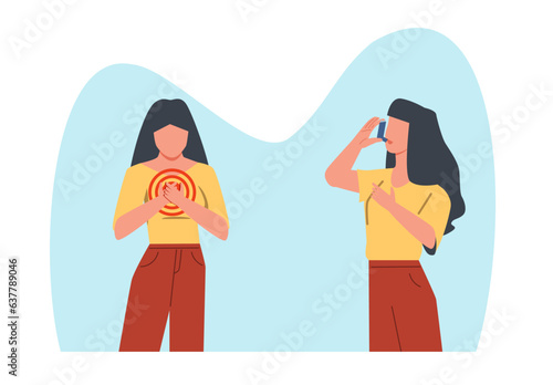 Asthma symptom relief, allergic girl uses asthma inhaler. Chronic sickness, respiratory system disease, medical equipment. Allergy asthmatic person. Cartoon flat style vector concept