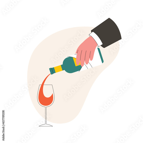 Waiter pours wine into a wineglass. Vector illustration