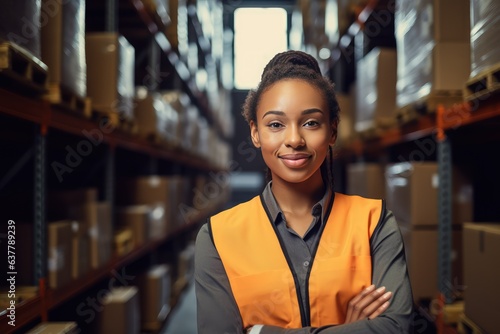 Female worker in a warehouse Young African woman