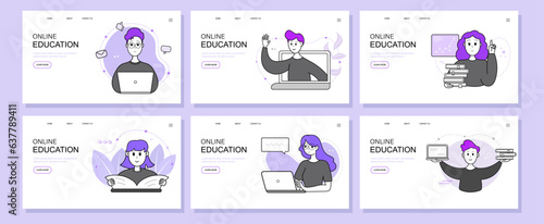 Landing page template set. Smiling students is satisfied with studying online courses using laptop and books. Vector illustration concept for online learning courses, business, seminars, trainings.