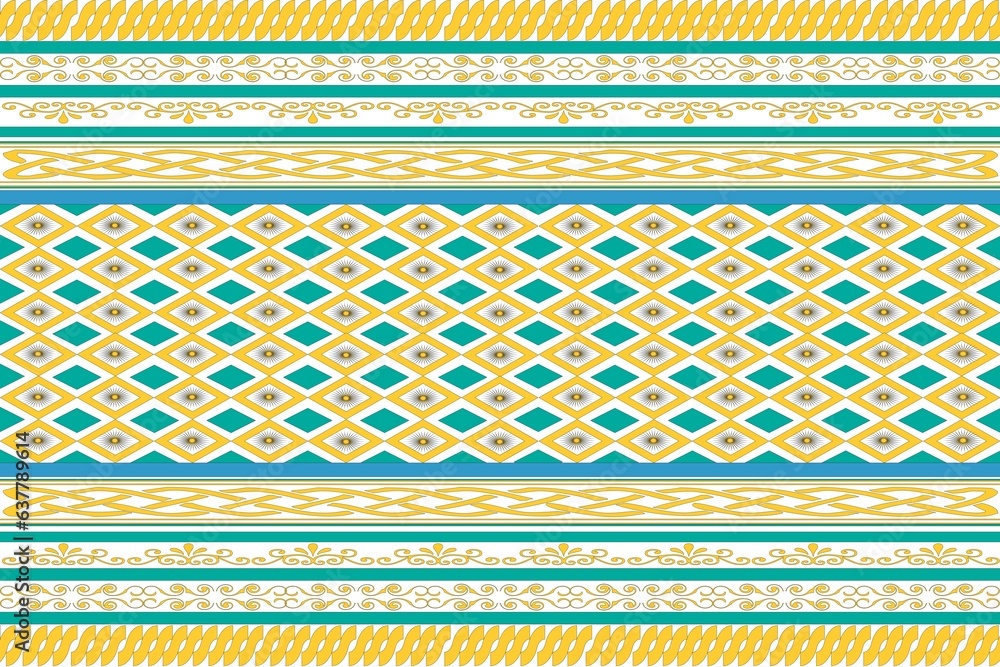 Yellow, navy blue and green fabric pattern, white background. Yellow, navy blue and green fabric pattern, white background.