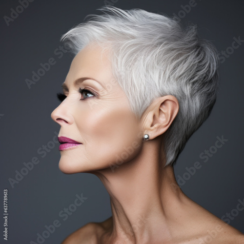 Fotótapéta Beautiful and confident Caucasian woman in her 50s with naturally grey fine short pixie hairstyle
