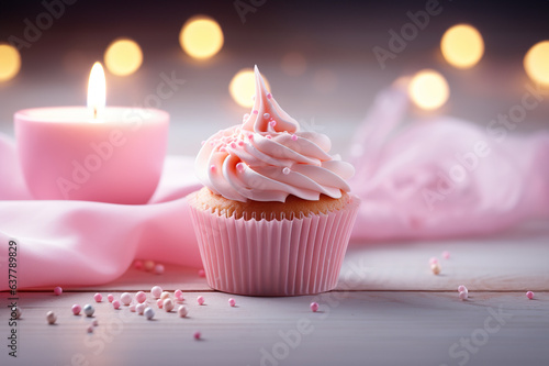 Celebratory Birthday Cupcake with Candle on Light Pink Table A Sweet Delight for Special Moments. created with Generative AI