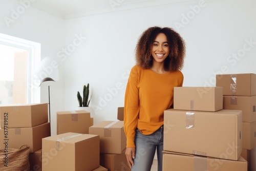 A young African American woman moves into a new home. Moving. She rejoice and plan to unpack her things after delivery. © Stavros