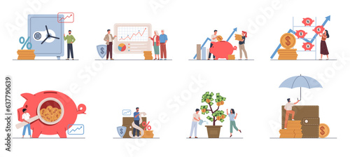 Budget planning people. Cartoon men and women interact with money, financial literacy, funds calculating, distribution. Huge safe and tree with golden coins, piggy bank, nowaday vector set