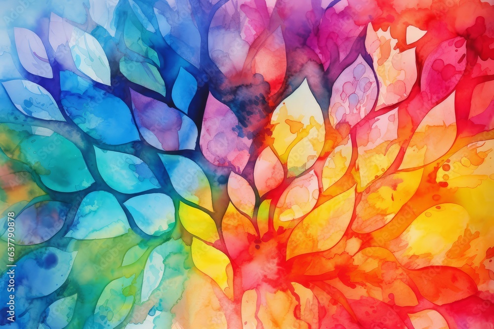 A vibrant and colorful painting of leaves on a clean white canvas