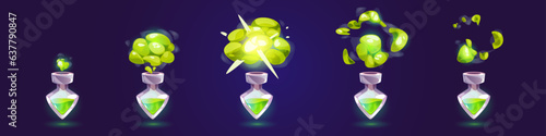 Bottle with magic elixir and green smoke. Cartoon animation stages of glowing and sparkling smoke explosion from chemical reaction of potion. Vector illustration of glass vial with puffing cloud.