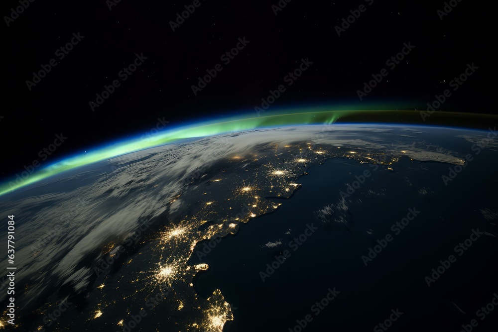 Obraz premium The Earth at night, illuminated by lights from space