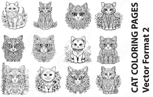 Coloring Page Cats  Set - Vector Format