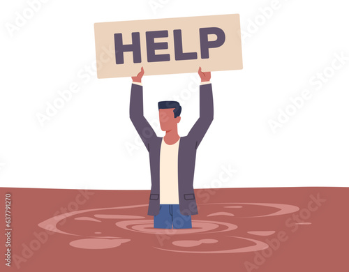 Businessman is stuck in quicksand and is asking for help. Stressed man in standing in the dirt, economic crisis, debts and bankruptcy, loss of money. Cartoon flat isolated vector concept
