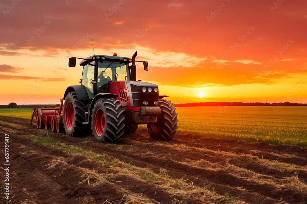 Tractor on the barley field by sunset. Generative AI. Tractor on the barley field by sunset. Generative AI.