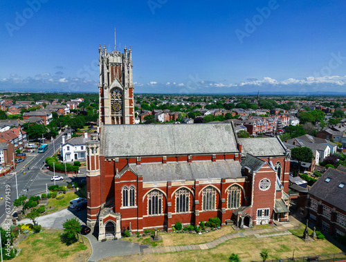 Southport, Lancashire, UK, June 21, 2023; aerial view of the historical Holy Trinity church with a tall tower in Southport, England, UK photo