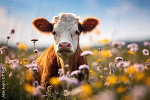 cute happy cow standing in the meadows with wildflowers