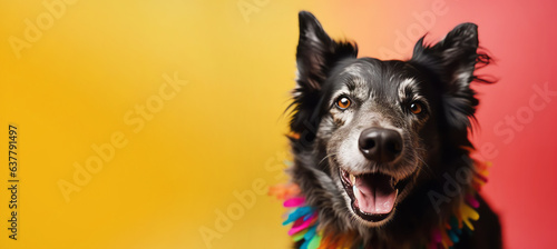 Portrait of lovely dog with colorful necklace looking at camera isolated on yellow background with big copy space left. Concept of celebration or party with animals.