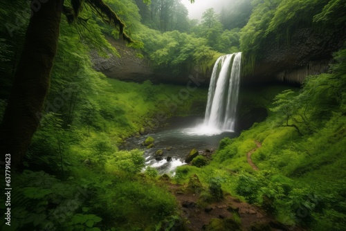 A stunning waterfall surrounded by the vibrant greenery of a lush forest