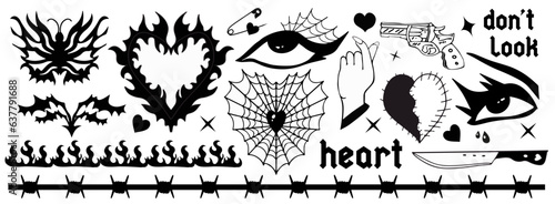 Y2k 2000s black grunge emo goth aesthetic stickers, tattoo art elements and slogan. Punk rock gloomy set. Gothic concept of creepy love. Vector illustration