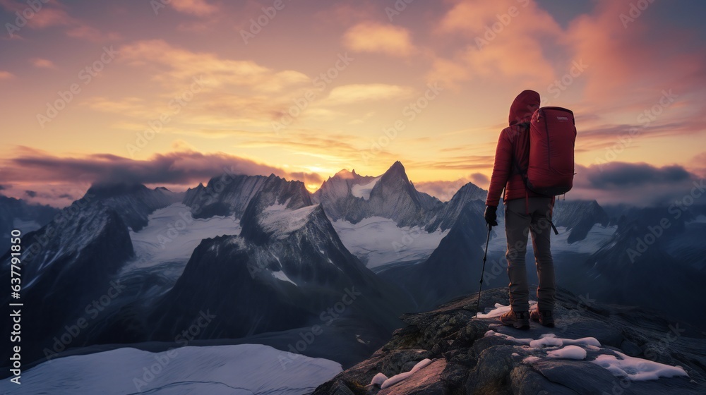 Fototapeta premium Mountaineer admiring the beautiful sunset in the mountains