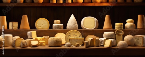 Assortment of luxury cheese wheels on a shelf  food panorama. Generative Ai.