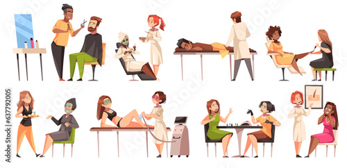 Cartoon people in beauty center. Happy men and women in cosmetic salon, appearance care, hairdresser, manicure and massage, laser hair removal, beautician tidy vector isolated scene set