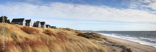 Panoramic Autumn Landscape With Beach Cottages On Nantucket, wide screen panoramic orientation photo