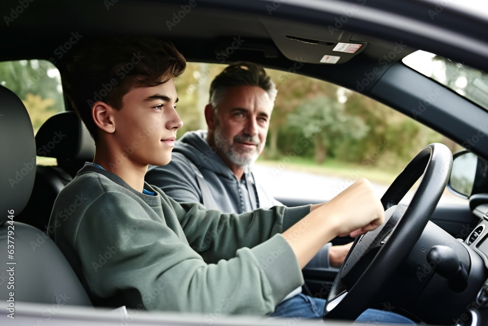 Side view of teenage male having driving lesson with male instructor Side view of teenage male having driving lesson with male instructor